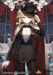 Rule 34 | 1girl, bad id, bad pixiv id, black bow, black bowtie, black hat, black jacket, black pants, blonde hair, blue eyes, bow, bowtie, buttons, cane, cape, carchet, chandelier, character request, company name, copyright name, cowboy shot, curtains, fleur-de-lis, formal, gloves, hand on headwear, hat, jacket, lamp, long sleeves, looking at viewer, night, night sky, official art, pants, qurare magic library, short hair, sky, smile, solo, top hat, traditional bowtie, water, watermark, white cape, white gloves, window