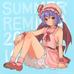 Rule 34 | 1girl, adapted costume, bad id, bad pixiv id, bare arms, bare shoulders, bat wings, bloomers, blue background, blue hair, dress, inari (inariya), light smile, looking at viewer, mary janes, pink dress, red eyes, remilia scarlet, shoes, sitting, sleeveless, sleeveless dress, solo, touhou, underwear, upskirt, wings, wrist cuffs