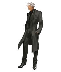 1boy absurdres archer_(fate) archer_(slash_and_connect)_(fate) black_coat black_footwear black_necktie black_pants black_shirt black_suit black_vest buttons coat collared_shirt dark-skinned_male dark_skin dress_shirt dress_shoes fate/extella fate/extra fate_(series) formal full_body grey_eyes hands_in_pockets highres lapels light_frown long_coat looking_at_viewer male_focus necktie official_alternate_costume official_art pants parted_lips shirt shoes short_hair simple_background solo spiked_hair suit transparent_background v-shaped_eyebrows vest wada_arco waistcoat white_hair