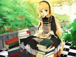 Rule 34 | 1girl, bad id, bad pixiv id, blonde hair, blunt bangs, book, book stack, checkered floor, dress, floor, flower, frills, gosick, gothic lolita, green eyes, greenhouse, hairband, herr meer, high heels, highres, lolita fashion, long hair, long sleeves, looking at viewer, open book, plant, ribbon, shoes, sitting, smoking pipe, solo, tsurime, very long hair, victorica de blois