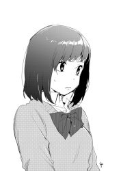 Rule 34 | 1girl, bow, bowtie, cardigan, collared shirt, commentary request, copyright request, greyscale, kawai makoto, monochrome, parted lips, shirt, short hair, signature, simple background, solo, sweatdrop, white background, wing collar