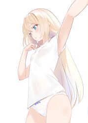 Rule 34 | 1girl, absurdres, armpits, bad anatomy, bad arm, blonde hair, blue eyes, bow, bow panties, breasts, cowboy shot, from below, highres, jervis (kancolle), kantai collection, long hair, no pants, open mouth, panties, sakurai nana (moshichi), shirt, small breasts, solo, standing, underwear, white background, white panties, white shirt