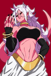 Rule 34 | 1girl, alternate form, android 21, black nails, black sclera, bracelet, breasts, colored sclera, colored skin, detached sleeves, dragon ball, dragon ball fighterz, earrings, fingernails, harem pants, highres, hoop earrings, imdsound, jewelry, light purple hair, long hair, majin android 21, nail polish, navel, pants, pink skin, pointy ears, red eyes, sharp fingernails, smile, solo, spoilers, stomach, tail, upper body, white hair