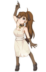 Rule 34 | 1girl, ahoge, animal ears, apron, arm up, bell, blush, breasts, brown eyes, brown gloves, brown hair, caryo, cleavage, collar, dog ears, gloves, jingle bell, large breasts, long hair, looking up, midori boushi, neck bell, no bra, pantyhose, pen, ponytail, see-through, see-through silhouette, simple background, solo, taneshima popura, white background, working!!