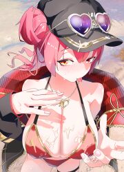Rule 34 | 1girl, absurdres, baseball cap, bikini, black hat, black jacket, blush, breasts, cleavage, eyewear on head, gold necklace, gurumie, hair bun, hat, heart, heart-shaped eyewear, heart necklace, heterochromia, highres, hololive, houshou marine, houshou marine (summer), jacket, jewelry, large breasts, long hair, looking at viewer, lotion, necklace, official alternate costume, red bikini, red eyes, red jacket, sand, single hair bun, solo, sunglasses, sunscreen, swimsuit, thigh strap, tongue, tongue out, two-sided fabric, two-sided jacket, virtual youtuber, yellow eyes