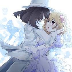 Rule 34 | 2girls, arm around waist, blonde hair, blue eyes, brown hair, church, dress, dutch angle, elbow gloves, eye contact, fedora, female focus, flower, formal, frills, gloves, hair flower, hair ornament, hand on another&#039;s face, hat, looking at another, maribel hearn, multiple girls, open mouth, pant suit, pants, pink flower, pink rose, rose, suit, tears, touhou, turupiko, usami renko, veil, wedding, wedding dress, wife and wife, yuri