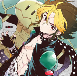 Rule 34 | 1boy, abs, armor, black gloves, black jacket, blonde hair, brown hair, chiba sadoru, clenched hand, fingerless gloves, gloves, highres, jacket, live a live, looking at viewer, male focus, multicolored hair, open clothes, open jacket, parted bangs, pectorals, polka dot, polka dot scarf, red eyes, scar, scar on chest, scar on face, scar on forehead, scarf, short hair, shoulder armor, sidelocks, skull belt, solo, tadokoro akira, two-tone hair