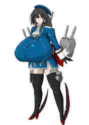 Rule 34 | 10s, 1girl, aeon708, black gloves, black hair, black thighhighs, blade, breasts, cannon, female focus, garter straps, gigantic breasts, gloves, hat, high heels, kantai collection, military, military uniform, miniskirt, red eyes, shoes, simple background, skirt, solo, standing, takao (kancolle), thighhighs, uniform, weapon, white background