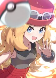 Rule 34 | 1girl, :d, blonde hair, blue eyes, blurry, bracelet, collared shirt, commentary request, creatures (company), eyelashes, eyewear on headwear, fire, game freak, gqi (pixiv 11877511), hand up, hat, highres, jewelry, long hair, nintendo, open mouth, pink hat, pleated skirt, poke ball, poke ball (basic), pokemon, pokemon xy, red skirt, serena (pokemon), shirt, skirt, smile, solo, sunglasses, white background