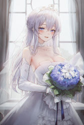 Rule 34 | 1girl, absurdres, bare shoulders, blue eyes, blush, bouquet, breasts, bridal veil, cleavage, detached sleeves, dress, earrings, elbow gloves, flower, gloves, hair between eyes, highres, holding, holding bouquet, holding flower, indoors, jewelry, large breasts, long hair, looking at viewer, meoyo, original, parted lips, rose, sidelocks, smile, solo, strapless, strapless dress, tiara, veil, wedding dress, white dress, white hair, window