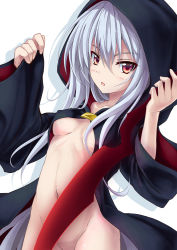 Rule 34 | &gt;:o, 1girl, :o, bad id, bad pixiv id, blush, cape, collarbone, commentary request, covered erect nipples, grey hair, hair between eyes, highres, holding, holding knife, holding weapon, kanogi, knife, kukri, long hair, long sleeves, looking at viewer, naked cape, navel, open mouth, out-of-frame censoring, red eyes, shiny skin, simple background, solo, v-shaped eyebrows, vampire, very long hair, weapon, white background, wide sleeves