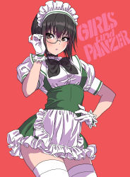 Rule 34 | 1girl, absurdres, adjusting eyewear, apron, black hair, bow, breasts, brown eyes, buttons, choker, closed mouth, commentary request, copyright name, frills, girls und panzer, gloves, hair ornament, hand on own hip, hand up, highres, kawashima momo, lips, maid headdress, medium breasts, monocle, puffy short sleeves, puffy sleeves, red background, short sleeves, simple background, solo, thighhighs, thighs, waist apron, white gloves, white thighhighs, yamashita shun&#039;ya, zettai ryouiki