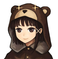 Rule 34 | 1girl, animal costume, asymmetrical hair, bear costume, brown eyes, brown hair, closed mouth, hair ornament, hairclip, iwakura lain, looking at viewer, scary festival, serial experiments lain, short hair, simple background, smile, solo, white background, x hair ornament