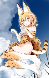 Rule 34 | 10s, 1girl, absurdres, animal ears, ass, bare shoulders, bare tree, blonde hair, blue sky, blush, bow, bowtie, breasts, clenched hands, closed mouth, cloud, cloudy sky, commentary, covered erect nipples, day, elbow gloves, feet, from below, full body, gloves, high-waist skirt, highres, huge filesize, jumping, kemono friends, looking at viewer, medium breasts, multicolored clothes, multicolored gloves, multicolored legwear, no panties, no shoes, oouso, outdoors, paw pose, scan, serval (kemono friends), serval print, serval tail, shirt, short hair, skirt, sky, sleeveless, sleeveless shirt, smile, solo, tail, tareme, thighhighs, tree, upskirt, white shirt, yellow eyes