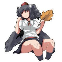 Rule 34 | 1girl, alternate hairstyle, black hair, black wings, drill hair, female focus, hand fan, hat, magukappu, no nose, red eyes, shameimaru aya, short hair, simple background, sitting, solo, tokin hat, touhou, twintails, white background, wings