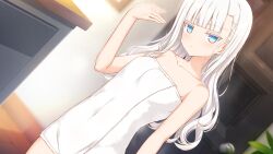 Rule 34 | 1girl, aikotoba -silver snow sister-, any (trueblue), blue eyes, blunt bangs, blush, breasts, door, fanning self, game cg, hoshitsugu shirone, indoors, jitome, long hair, looking at viewer, naked towel, non-web source, small breasts, solo, towel, upper body, white hair, white towel
