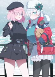 Rule 34 | 2girls, akitokage, anastasia (fate), anastasia (shvibzik snow) (fate), belt, beret, black capelet, black coat, black headwear, black pantyhose, blue eyes, blue sweater, blush, breasts, buttons, capelet, coat, coat dress, collared shirt, doll, double-breasted, fate/grand order, fate (series), fur-trimmed jacket, fur hat, fur trim, hair ornament, hair over one eye, hat, highres, holding, holding doll, holly hair ornament, jacket, large breasts, light purple hair, long hair, long sleeves, looking at viewer, mash kyrielight, mash kyrielight (traveling outfit), multiple girls, official alternate costume, open mouth, pantyhose, pleated skirt, purple eyes, red jacket, shirt, short hair, skirt, smile, snow, snowing, sweater, ushanka, very long hair, viy (fate), white hair, white skirt