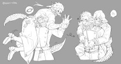 Rule 34 | 2boys, arm grab, arrow (symbol), artist name, au ra, blush, boned meat, boots, carrying, carrying over shoulder, clenched teeth, closed eyes, coat, collared coat, commentary request, cropped legs, facing viewer, fangs, final fantasy, final fantasy xiv, food, grey background, greyscale, hand up, heart, high collar, highres, horns, karuo (oooruka cr), lineart, long sleeves, looking at viewer, low horns, male focus, meat, monochrome, multiple boys, multiple views, open mouth, piggyback, simple background, speech bubble, spoken food, spoken heart, spoken object, standing, tail, teeth, twitter username, warrior of light (ff14), yaoi