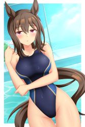 Rule 34 | 1girl, admire vega (umamusume), animal ears, blue one-piece swimsuit, brown hair, chain-link fence, commentary request, competition swimsuit, cowboy shot, dutch angle, fence, gurukorian, highleg, highleg swimsuit, highres, horse ears, horse girl, horse tail, long hair, looking at viewer, one-piece swimsuit, pool, poolside, purple eyes, solo, swimsuit, tail, umamusume, water