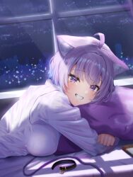 Rule 34 | 1girl, ahoge, animal ears, backlighting, black choker, blush, breasts, cat ears, cat girl, choker, choker removed, cityscape, commentary request, crossed arms, eyelashes, fang, grin, hair between eyes, happy, head on pillow, head tilt, highres, hololive, hugging object, indoors, large breasts, light rays, long sleeves, looking at viewer, lying, nekomata okayu, nekomata okayu (oversized shirt), night, on bed, on stomach, pillow, pillow hug, purple hair, purple ribbon, ribbon, shirt, short hair, sky, smile, solo, spiked hair, star (sky), starry sky, torakichi 888, unworn ribbon, upper body, virtual youtuber, white shirt, window
