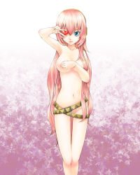 Rule 34 | 1girl, a76gma, aqua eyes, belt, breast hold, breasts, covering privates, covering breasts, headphones, heart, long hair, megurine luka, nude, nude cover, pink hair, solo, v, v over eye, vocaloid