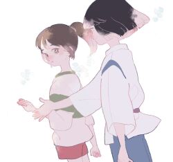 Rule 34 | 1boy, 1girl, black hair, blue pants, blunt ends, bob cut, brown eyes, brown hair, closed mouth, cowboy shot, haku (sen to chihiro no kamikakushi), japanese clothes, long sleeves, looking at another, matatatatabi, ogino chihiro, outstretched hand, pants, parted lips, ponytail, red shorts, sen to chihiro no kamikakushi, shirt, short hair, shorts, sidelocks, smile, white background, white shirt, wide sleeves