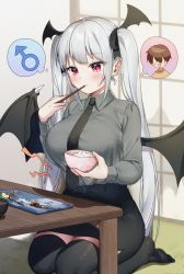 Rule 34 | 1girl, age difference, artist name, belt, belt buckle, blush, bowl, breasts, buckle, child, chopsticks, commentary request, demon girl, demon wings, food, grey hair, head wings, highres, holding, holding bowl, holding chopsticks, holding food, indoors, kirisaki shuusei, large breasts, long hair, long sleeves, necktie, onee-shota, original, pointy ears, red eyes, rice bowl, skirt, solo, sweatdrop, table, thighhighs, thought bubble, twintails, watermark, wings