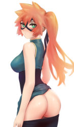 Rule 34 | ass, black headwear, boku no hero academia, chinese clothes, clothes pull, highres, kendou itsuka, orange hair, pants, pants pull, pussy juice, shpo, simple background, white background