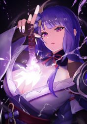Rule 34 | 1girl, absurdres, armor, black background, braid, breasts, bridal gauntlets, cleavage, commentary request, electricity, flower, genshin impact, hair ornament, highres, holding, holding sword, holding weapon, human scabbard, japanese clothes, kimono, large breasts, long hair, long sleeves, mitsudomoe (shape), mole, mole under eye, nail polish, obi, obiage, obijime, omotsuka 0, open mouth, purple eyes, purple flower, purple hair, purple nails, raiden shogun, ribbon, sash, shoulder armor, simple background, solo, sword, tomoe (symbol), weapon, wide sleeves