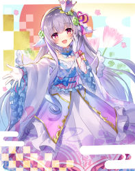 Rule 34 | 1girl, :d, absurdres, blue bow, blush, bow, bowtie, crown, detached collar, dress, flower, flower knight girl, frilled dress, frills, furisode, gloves, highres, japanese clothes, kimono, long hair, looking at viewer, mini crown, nemunoki (flower knight girl), open mouth, piyoyanagi, purple dress, purple hair, red eyes, smile, solo, waist bow, white gloves