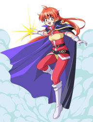 Rule 34 | 1girl, armor, belt, blush, boots, cape, fang, female focus, flat chest, full body, gloves, headband, knee boots, leg lift, lina inverse, long hair, magic, multicolored clothes, noriheita, orange hair, red eyes, red hair, slayers, smoke, solo, spandex, turtleneck