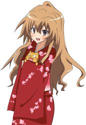 Rule 34 | 1girl, aisaka taiga, brown eyes, brown hair, commentary request, cowboy shot, e-chan, hair between eyes, highres, holding, japanese clothes, kimono, long hair, looking at viewer, open mouth, palmtop tiger, petal print, red kimono, simple background, standing, teeth, tiger, toradora!, upper teeth only, white background, yukata