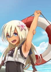 Rule 34 | 10s, 1girl, arm up, armpits, bad id, bad pixiv id, blonde hair, blue eyes, blue sky, blush, cloud, crop top, day, flower, gradient background, hair flower, hair ornament, highres, holding, kantai collection, lifebuoy, long hair, looking at viewer, ocean, one-piece swimsuit, one-piece tan, open mouth, re:re:re:, ro-500 (kancolle), sailor collar, school swimsuit, school uniform, serafuku, sky, smile, solo, strap, stretching, swim ring, swimsuit, swimsuit under clothes, tan, tanline, torpedo, upper body