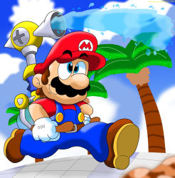 Rule 34 | 1boy, blue eyes, day, f.l.u.d.d., facial hair, full body, gloves, grin, hat, highres, mario, mario (series), mustache, nintendo, palm tree, running, smile, solo, super mario sunshine, tree, water