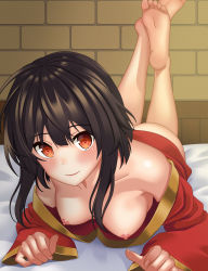 Rule 34 | 1girl, absurdres, ass, bare shoulders, barefoot, black hair, blush, bottomless, breasts, closed mouth, collarbone, dress, face, feet, feet up, highres, kono subarashii sekai ni shukufuku wo!, laikass, legs, long sleeves, looking at viewer, lying, medium breasts, megumin, nipple slip, nipples, off shoulder, on bed, on stomach, red dress, red eyes, short dress, short hair with long locks, smile, soles, solo, the pose