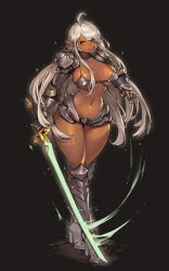 Rule 34 | 1girl, armor, armored boots, bikini, bikini armor, black background, boots, breasts, brown eyes, cleavage, closed mouth, commentary, dark-skinned female, dark elf, dark skin, earrings, elf, full body, gauntlets, gurimjang, high heel boots, high heels, highres, holding, holding sword, holding weapon, jewelry, large breasts, lips, long hair, looking at viewer, navel, original, pointy ears, shiny skin, shoulder armor, shoulder pads, sidelocks, silver hair, solo, standing, stomach, swimsuit, sword, thighs, weapon, wide hips