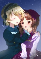 Rule 34 | 2girls, blonde hair, blouse, blue eyes, blush, bow, braid, braided bun, brown eyes, brown hair, closed eyes, collared dress, commentary request, darjeeling (girls und panzer), dress, formal, frilled dress, frilled hairband, frilled shirt, frilled sleeves, frills, girls und panzer, hair bow, hair bun, hairband, hand on another&#039;s face, highres, hug, juliet sleeves, light particles, long sleeves, looking at another, multiple girls, nishizumi miho, open mouth, puffy sleeves, purple bow, purple skirt, rurikoke, shirt, short hair, skirt, smile, twin braids, white shirt, yuri