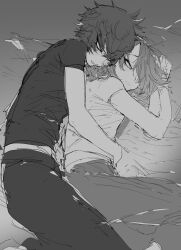 Rule 34 | 2boys, arms around waist, bed, bed sheet, behind another, belt, blush, commentary request, cuddling, facing away, furrowed brow, greyscale, hair between eyes, hair over one eye, half-closed eyes, highres, male focus, master detective archives: rain code, messy hair, monochrome, multiple boys, na 6, pants, shirt, short hair, short sleeves, yaoi, yomi hellsmile, zilch alexander
