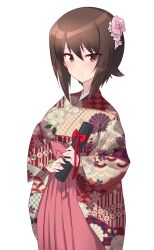 Rule 34 | 1girl, blush, breasts, brown eyes, brown hair, closed mouth, flower, girls und panzer, hair flower, hair ornament, highres, japanese clothes, kimono, kuzuryuu kennosuke, large breasts, looking at viewer, nishizumi maho, shiny skin, short hair, simple background, smile, solo, split mouth, upper body, white background