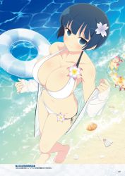 Rule 34 | 10s, 1girl, bare legs, barefoot, beach, bikini, blue eyes, blue hair, blunt bangs, blush, breasts, cleavage, collarbone, day, flower, flower wreath, from above, groin, hair flower, hair ornament, halterneck, highres, innertube, jacket, large breasts, long sleeves, looking at viewer, looking up, navel, ocean, open clothes, open jacket, outdoors, page number, sand, scan, seashell, see-through, senran kagura, shell, shore, short hair, sleeves past wrists, solo, standing, strap gap, swim ring, swimsuit, water, white bikini, white jacket, yaegashi nan, yozakura (senran kagura)