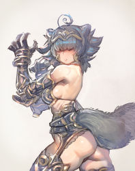 Rule 34 | 1girl, ahoge, armor, ass, bad id, bad tumblr id, bikini armor, black hair, black panties, blush, bow (bhp), breasts, circlet, claws, contrapposto, covered eyes, cowboy shot, elbow gloves, facing to the side, facing viewer, from side, gauntlets, gloves, grey background, hair over eyes, hands up, large breasts, medium hair, muscular, muscular female, original, panties, parted lips, simple background, solo, standing, tail, underwear