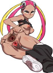 Rule 34 | 1girl, alternate color, anus, ass, bare shoulders, blush, breasts, clothes lift, clothes pull, creatures (company), game freak, labia piercing, long hair, looking at viewer, multicolored hair, nezunezu, nintendo, nipples, pants, pants pull, piercing, plumeria (pokemon), pokemon, pokemon sm, presenting, pussy, pussy piercing, shiny skin, shirt, shirt lift, shoes, simple background, solo, spread anus, spread ass, spread pussy, tagme, uncensored, white background