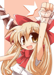 Rule 34 | 1girl, arm up, armpits, blonde hair, clenched hand, female focus, horns, ibuki suika, long hair, open mouth, raised fist, ribbon, shirogane (platinum), solo, touhou