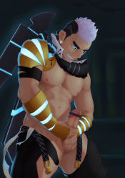 Rule 34 | 1boy, abs, absurdres, bar censor, bara, bare pectorals, black hair, censored, clothing cutout, crotchless, crotchless pants, earrings, erection, facial hair, gluteal fold, goatee, green eyes, gyee, highres, jewelry, large pectorals, long sideburns, lujiu (mutsukyuu), male focus, male masturbation, masturbation, mature male, muscular, muscular male, navel, nipples, no male underwear, open pants, pants, pectorals, penis, purple hair, short hair, sideburns, solo, stomach, su (gyee), thick eyebrows, thick thighs, thigh cutout, thighs