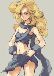 Rule 34 | 1girl, ayla (chrono trigger), blonde hair, blue eyes, breasts, chrono trigger, cleavage, closed mouth, cowboy shot, curly hair, grey background, hands on own hips, highres, kannoaki, long hair, looking at viewer, simple background, smile, solo, square enix, standing, stomach