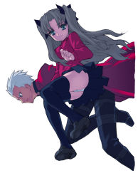 Rule 34 | 00s, 1boy, 1girl, archer (fate), ass, atomic buster, bent over, black thighhighs, blue eyes, coat, dark-skinned male, dark skin, fate/stay night, fate (series), grey hair, hair ribbon, loafers, long hair, menkuria, open mouth, panties, pantyshot, pleated skirt, ribbon, shoes, short hair, simple background, skirt, smile, sweater, thighhighs, tohsaka rin, trench coat, turtleneck, twintails, two side up, underwear, upskirt, very long hair, white hair, white panties