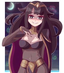 Rule 34 | 1girl, absurdres, artist name, black cape, black hair, blunt bangs, bodystocking, bracelet, breasts, cape, choker, cleavage, cloud, cloudy sky, commentary, covered navel, crescent moon, dot nose, fire emblem, fire emblem awakening, gold, heart, highres, hoshinokotta, jewelry, long hair, looking at viewer, medium breasts, moon, night, night sky, nintendo, pelvic curtain, purple nails, red cape, sky, smile, solo, star (sky), teeth, tharja (fire emblem), tiara, twitter username, two-sided cape, two-sided fabric, two-tone cape, two side up