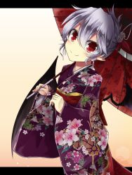 Rule 34 | 1girl, akisome hatsuka, alternate costume, alternate hairstyle, han&#039;eri, japanese clothes, kimono, letterboxed, light purple hair, oil-paper umbrella, pointy ears, red eyes, remilia scarlet, solo, touhou, umbrella, wide sleeves