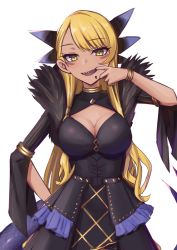 Rule 34 | 1girl, black dress, blonde hair, blush, breasts, dark-skinned female, dark skin, dragon girl, dragon horns, dragon tail, dress, elfenlied22, facial mark, fate/grand order, fate (series), horns, large breasts, long hair, long sleeves, looking at viewer, open mouth, sharp teeth, smile, solo, swept bangs, tail, teeth, veil, vritra (fate), yellow eyes