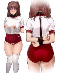 Rule 34 | 1girl, absurdres, arms behind back, bdsm, belt, belt collar, blurry, blush, bondage, bondage cuffs, bound, bound wrists, brown hair, buruma, censored, clothing cutout, collar, commentary, cowboy shot, cuffs, from behind, gym uniform, heart cutout, highres, long hair, looking at viewer, no bra, original, purple eyes, restrained, shirt, short sleeves, simple background, slave, solo, standing, thighhighs, white background, white shirt, white thighhighs, yagi 764364